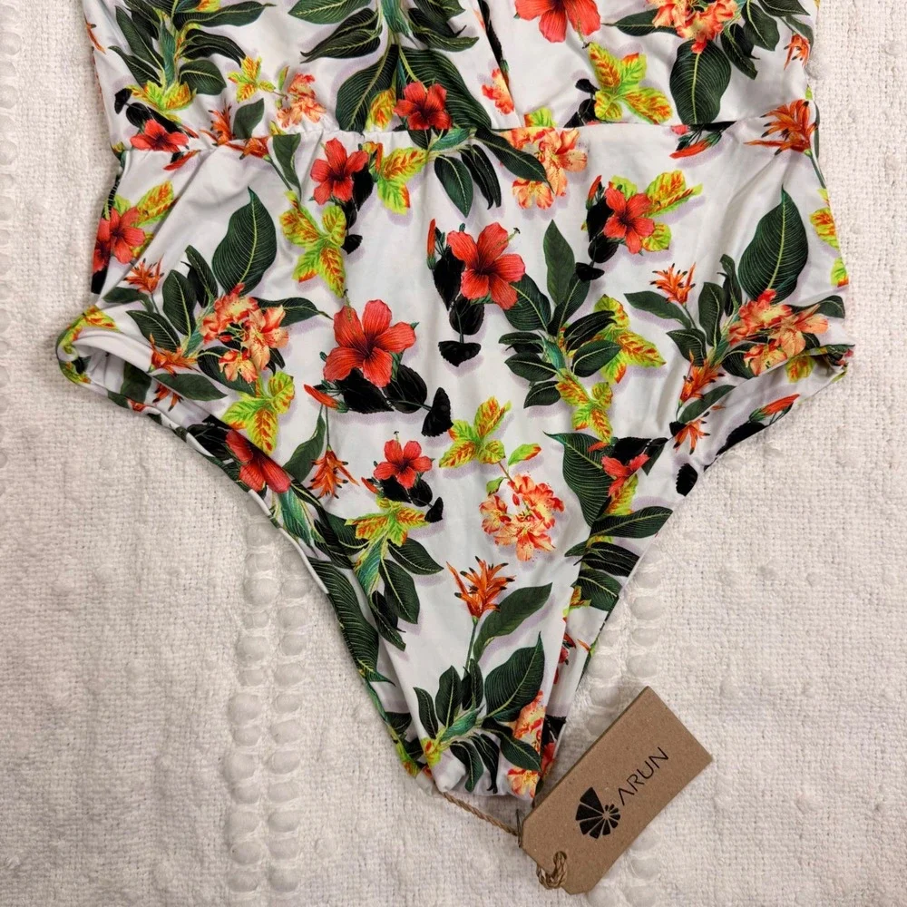 Arun Wear Tie Shoulder One Piece Swimsuit White Flower Tropical Medium NWT